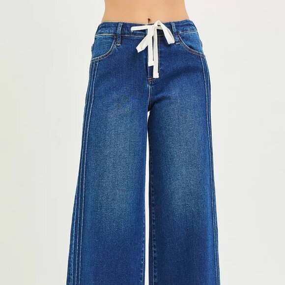 RISEN Full Size Mid Rise Wide Side Pintuck Jeans with Front Drawstring Plus Size - Picture 3 of 7